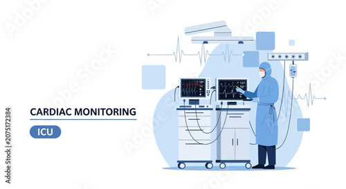 ICU Cardiac Monitoring: Doctor in PPE monitors patient vital signs on screens in intensive care unit.
