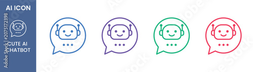 Schilderij op canvas Cute AI chatbot outline icon set with smiling robot in speech bubble for virtual