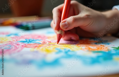 Childs hand holds orange crayon drawing colorful abstract patterns on white paper. Preschool art activity, imagination, creativity in studio.