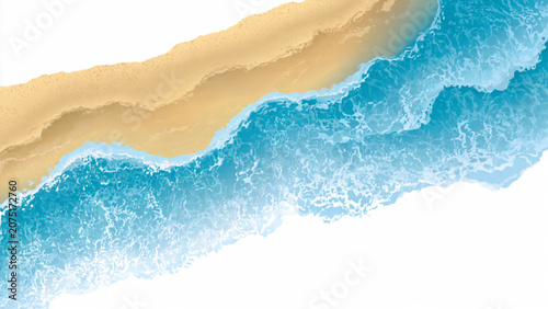 Aerial view of sandy beach with foamy azure waves crashing onto shore vibrant natural coastal scene