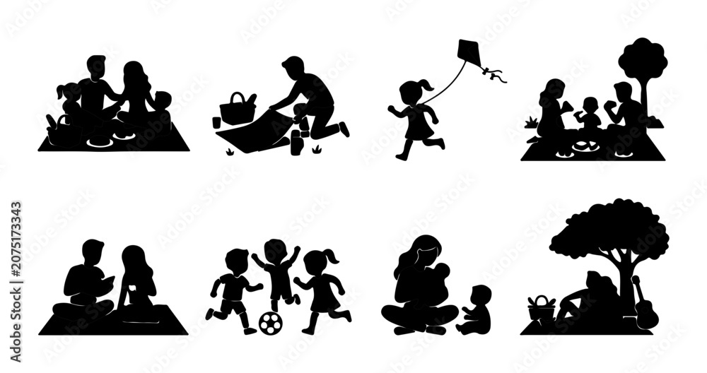 Obraz premium Family Outdoor Activities Silhouettes, Children Playing, Picnic Scenes, Vector Set