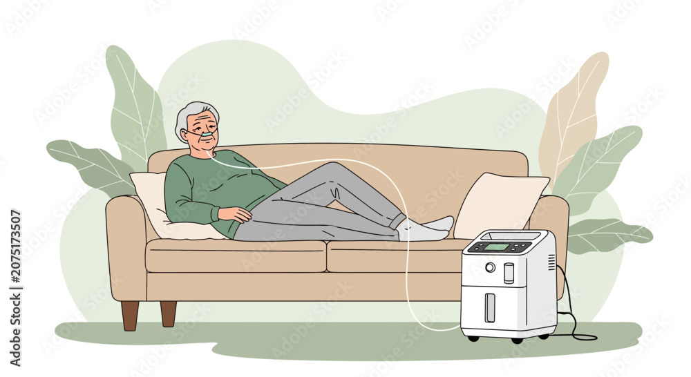 Obraz premium Elderly man resting on sofa with oxygen concentrator at home, home healthcare concept