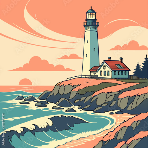 Εκτύπωση καμβά Lighthouse on rocky coastline at sunset landscape vector illustration with light