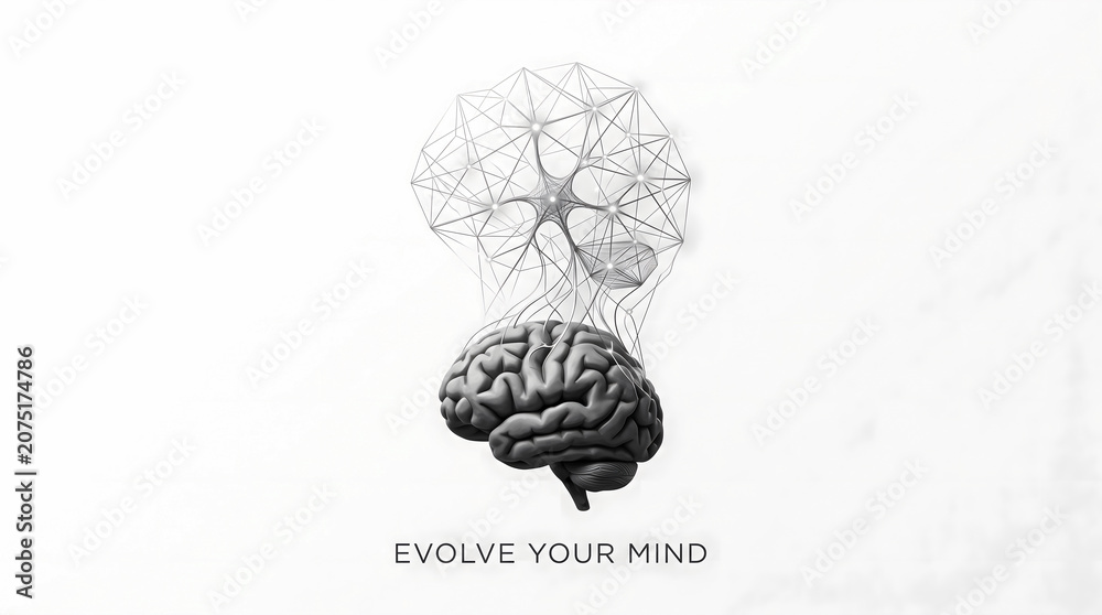 Fototapeta premium Conceptual healthcare illustration representing neuroplasticity, lifelong learning, cognitive development, and healthy brain function through an evolving anatomical brain with neural geometry.