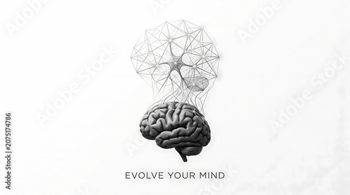 Conceptual healthcare illustration representing neuroplasticity, lifelong learning, cognitive development, and healthy brain function through an evolving anatomical brain with neural geometry.