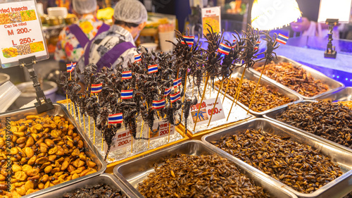 Photography Deep-fried scorpions and grubs, a Thai delicacy at a market