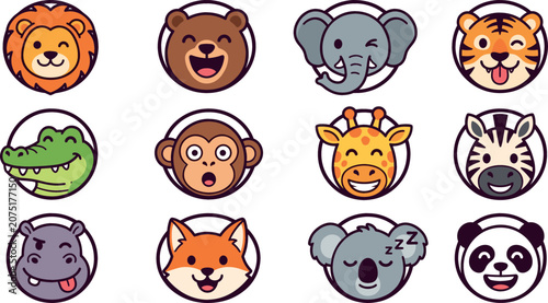 Photography Cute cartoon wild animal face icon set with smiling lion bear tiger elephant mon