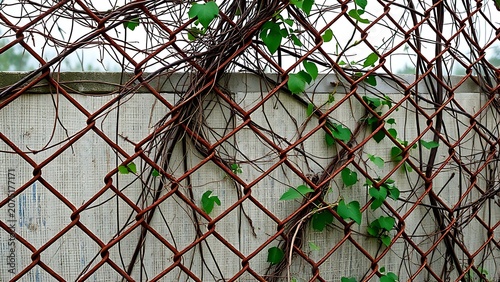 Rusty chain-link fence with diamond grid and dry vines.