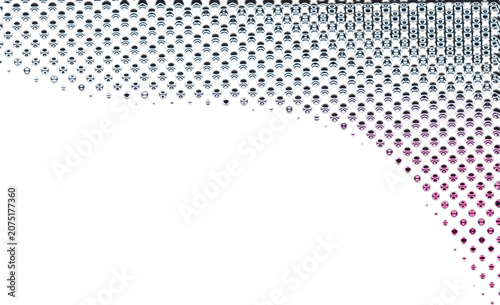 A colorful halftone pattern fades into a transparent background with red and gray dots.