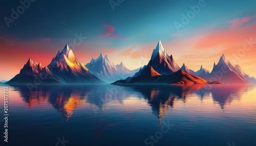 D Fantasy Mountain Range With Sharp Peaks Floating Over Calm Water Low Angle Dusk View Abstract