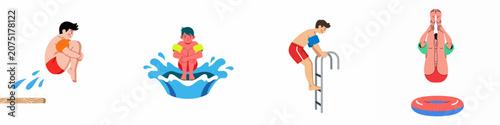 Obraz na plátně Set of cartoon illustrations featuring young boys enjoying various swimming pool activities like diving, jumping, and climbing a ladder