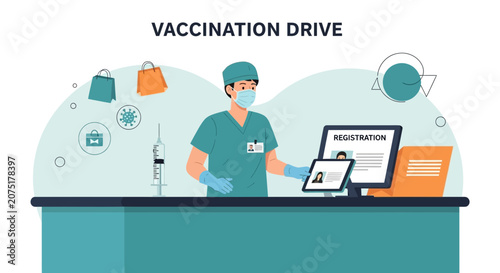 Vaccination Drive Registration: Doctor Administering Vaccine at Desk with Computer