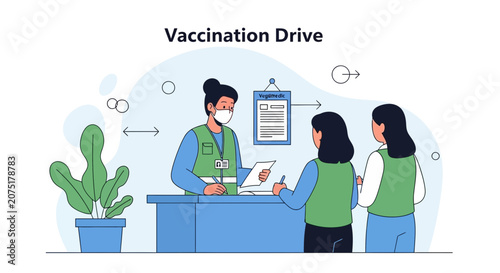 Vaccination Drive: Healthcare worker assists people at registration desk, promoting public health
