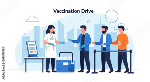 Vaccination Drive: Healthcare worker administers vaccine to people in line at clinic
