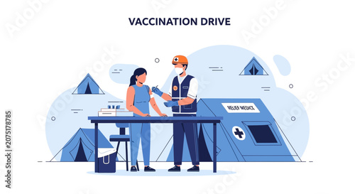 Vaccination Drive: Healthcare worker administers vaccine to woman in outdoor clinic tent