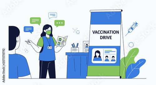 Vaccination Drive: Healthcare worker counsels patient at information booth with vaccination poster