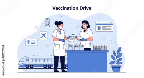 Vaccination Drive: Healthcare workers administer vaccines at a station with train and travel icons.