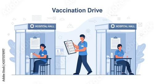 Vaccination Drive: Healthcare workers administer vaccines at hospital hall booths, promoting public health.