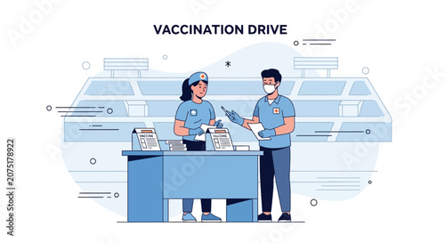 Vaccination Drive: Healthcare workers administering vaccines at a stadium event.
