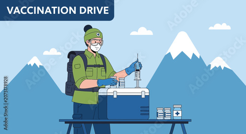 Vaccination Drive in Mountains: Healthcare Worker Prepares Vaccine Amidst Snowy Peaks