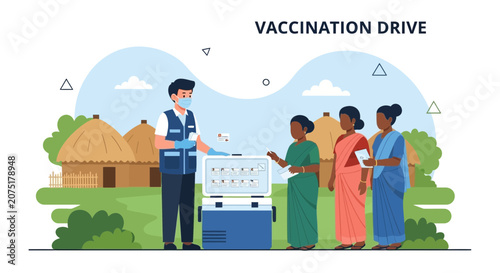 Vaccination Drive in Rural India: Healthcare Worker Administers Vaccine to Villagers