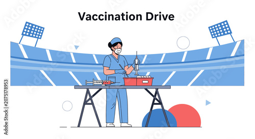 Vaccination Drive in Stadium: Nurse Prepares Syringes for Mass Immunization