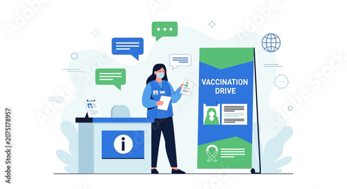 Vaccination Drive Information Booth with Healthcare Worker and Signage
