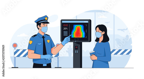 Security guard checks passenger temperature with thermal scanner at airport during pandemic