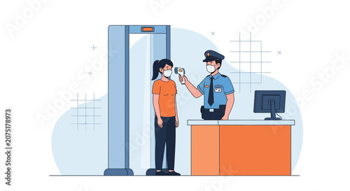 Security guard checks temperature of woman with infrared thermometer at airport security checkpoint