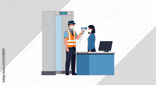 Security guard checks temperature with infrared thermometer at entrance with metal detector