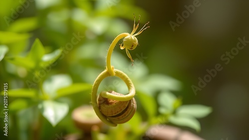 Two symbiotic plants intertwined and a mutual support system, green foliage in natural daylight.