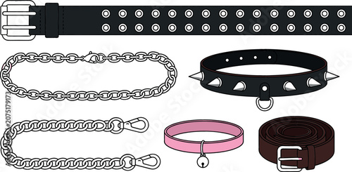 Bild auf Leinwand Goth and punk fashion accessory set with black grommet belt spiked collar choker