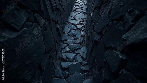 A narrow winding path of dark stones leading towards a distant light.