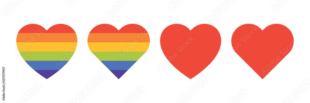Fototapeta premium LGBTQ pride heart icons vector set. Rainbow, progress pride and love symbol icons. LGBTQIA+ concept vector illustration.