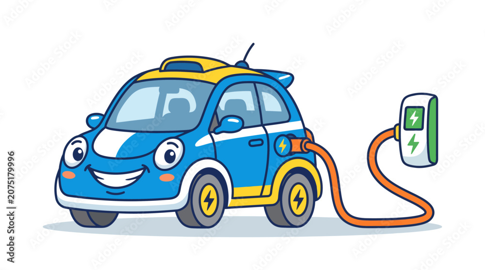 Naklejka premium Cute blue electric car character charging at a power station
