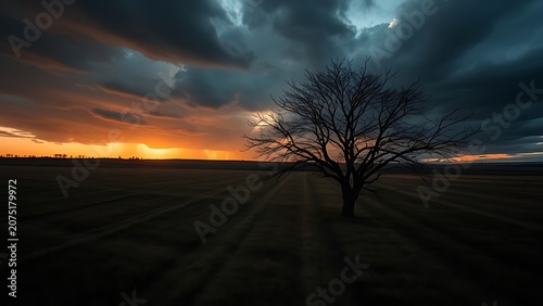 Single leafless tree in a vast field under a stormy twilight sky with dark clouds.