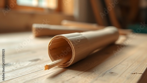 Close-up of a split cane reed on a wooden workbench, highlighting fibrous texture.