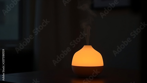 A minimalist ceramic diffuser emitting a soft glow and gentle mist in a dim room.