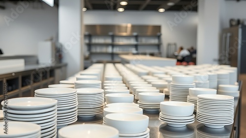 Rows of white ceramic plates and bowls on stainless steel counter, minimalist setting.