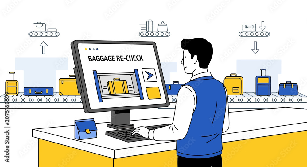 Naklejka premium Airport Baggage Re-Check System - Man Using Computer, Luggage Conveyor Belt