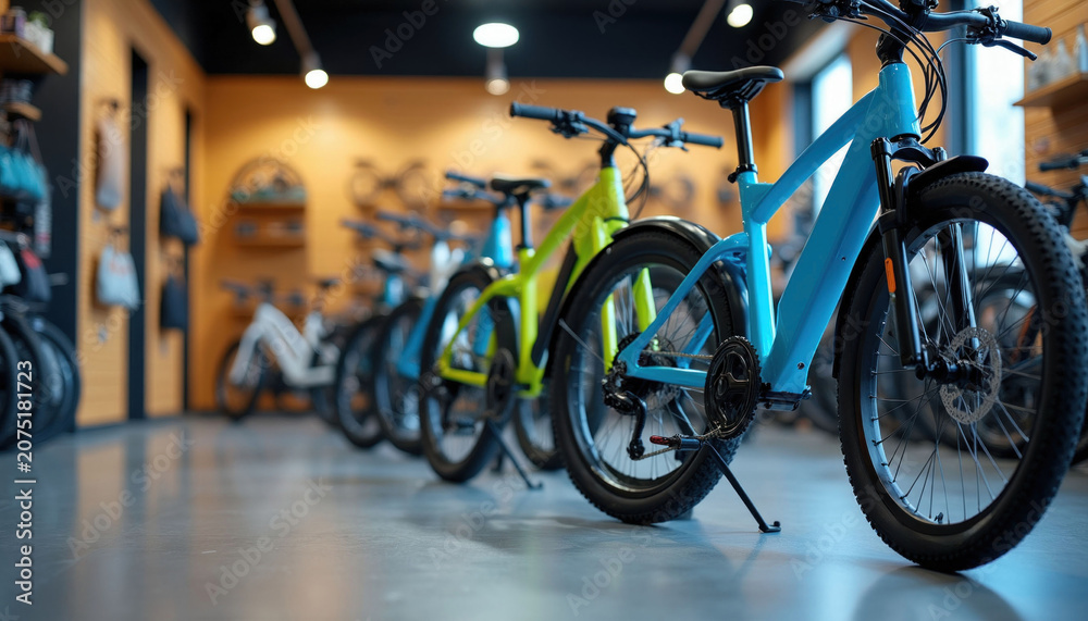 Fototapeta premium Row of colorful electric bicycles for sale in modern shop. Various e-bikes on display, clean showroom interior with bike accessories on wall. New generation urban personal transport.