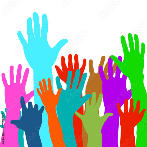 Colorful overlapping silhouettes of hands raised, donation and charity concept.