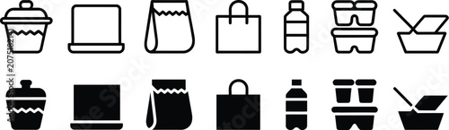 Black vector icon set of kitchen cutlery fork spoon knife and fashion clothing shopping icons woman silhouette dress t-shirt shoes bag illustration collection