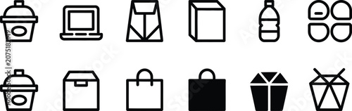 Black and white vector icon set collection of business shopping web symbols including bag phone computer letter frame paper blank design elements illustration