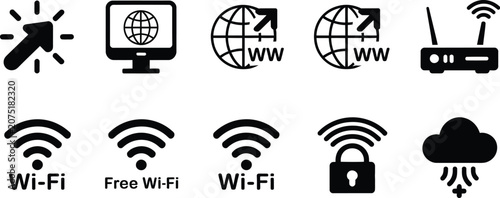 Set of Wine Themed Vector Icons with Wireless Signal WiFi Sound Network Communication Technology Symbols for Web Interface and Button Design