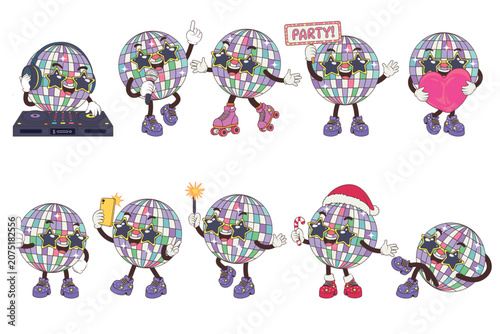 Cute disco ball vector mascot bundle set in flat comic style with star glasses for energetic retro 70s dance music party festival concept isolated on white background.