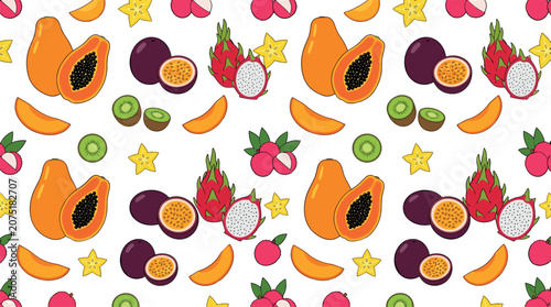 Cuadro en lienzo Tropical exotic fruit seamless pattern background featuring cartoon papaya drago
