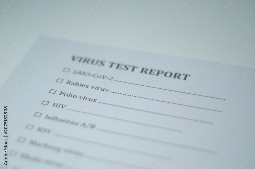 Fototapeta premium Virus test report form listing SARSCoV2 and other viruses for medical testing procedures