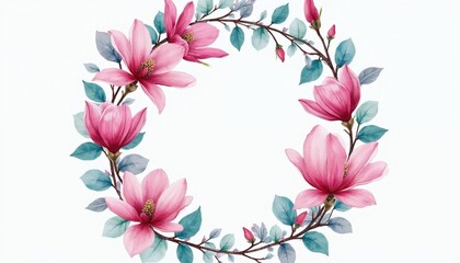Circular floral wreath features delicate watercolor magnolia blossoms and teal eucalyptus leaves. Pink flower petals and green foliage create an elegant botanical frame design.