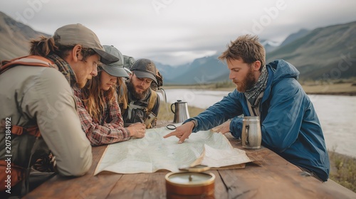 Group planning outdoor adventure with map.